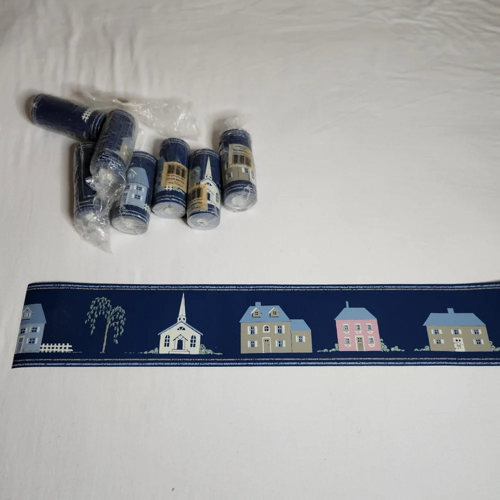Vintage lot of 8 wallpaper border country cottage house houses church tree blue
